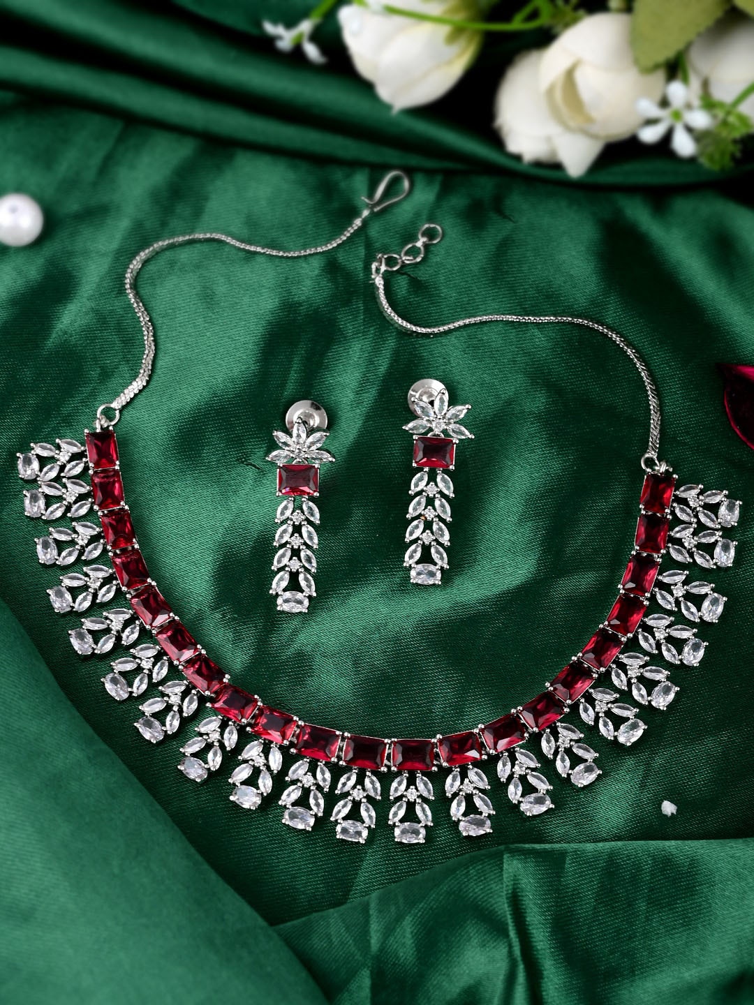 

DASTOOR Rose Gold-Plated Red AD-Studded Jewellery Set