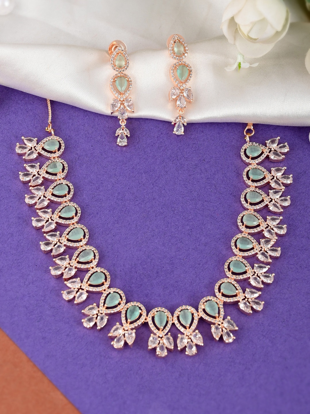 

DASTOOR Rose Gold-Plated White and Sea Green AD Studded Jewellery Set