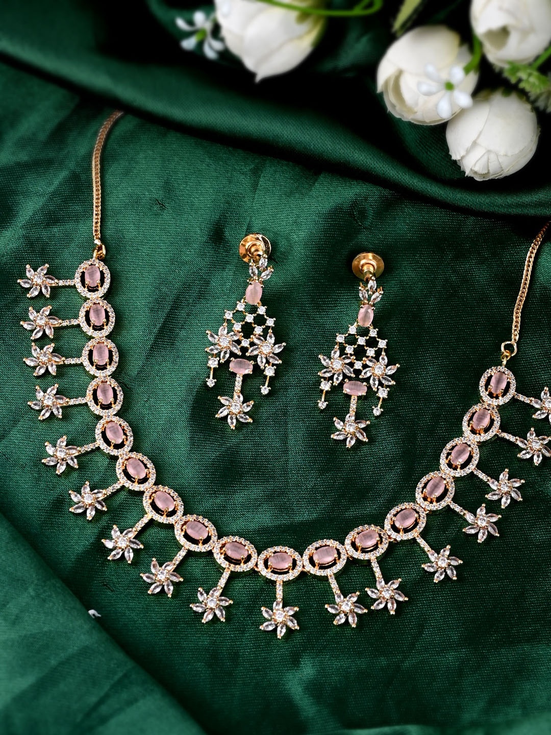 

DASTOOR Gold-Plated Pink AD-Studded Jewellery Set