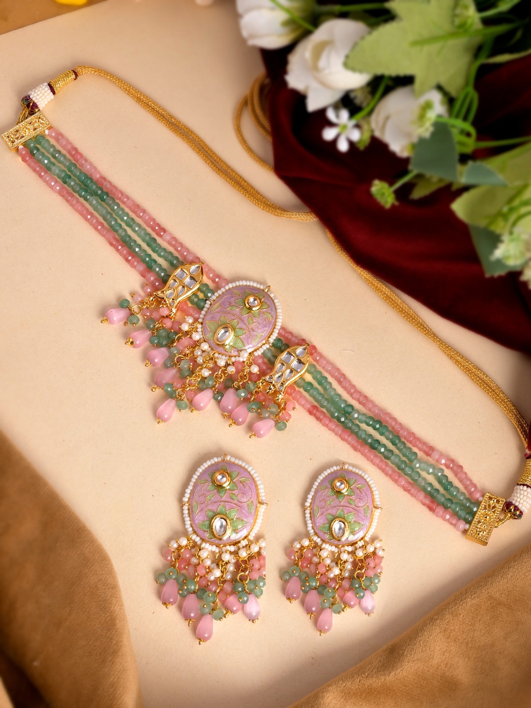 

DASTOOR Gold-Plated Pink & Sea Green Kundan Studded Jewellery Set