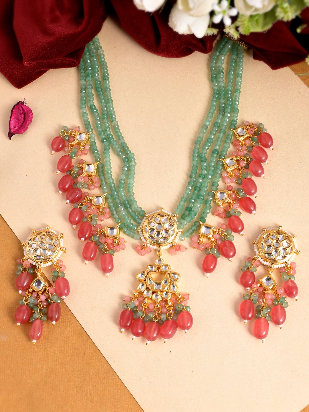 

DASTOOR Gold-Plated Green & Pink Kundan Studded & Beaded Jewellery Set
