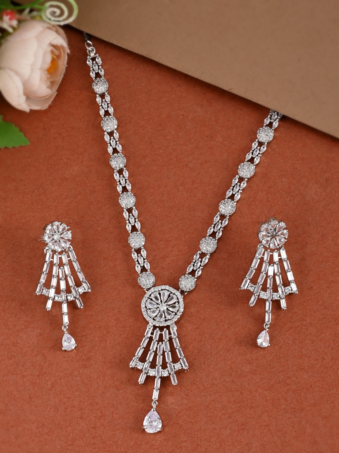 

DASTOOR Silver-Plated AD Studded Jewellery Set