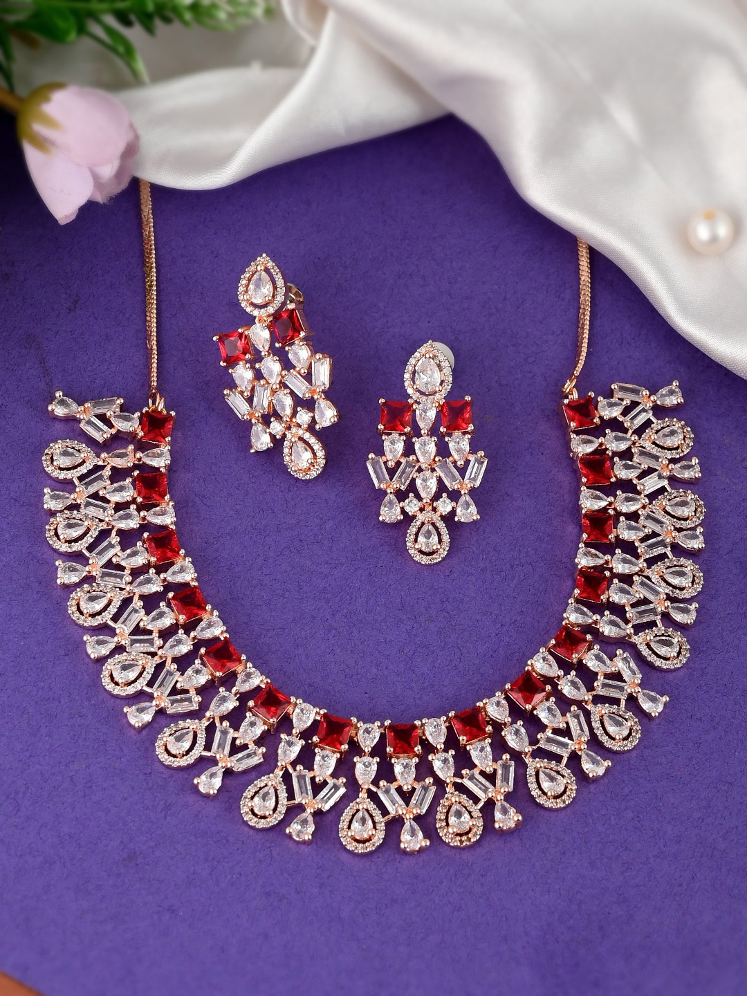 

DASTOOR Rose Gold-Plated Red & White AD-Studded Jewellery Set
