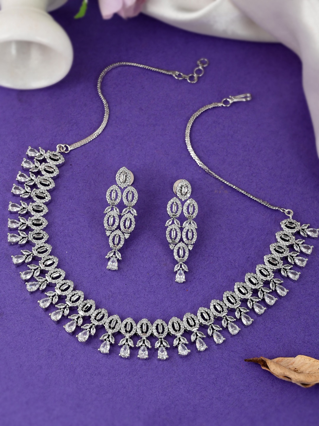 

DASTOOR Silver-Plated White AD Studded Jewellery Set