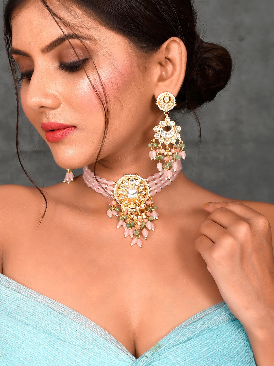 

DASTOOR Gold-Plated Pink Kundan Studded Jewellery Set