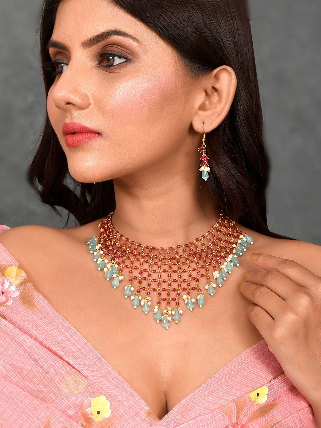 

DASTOOR Gold-Plated Pink & Sea Green Kundan Studded & Beaded Jewellery Set