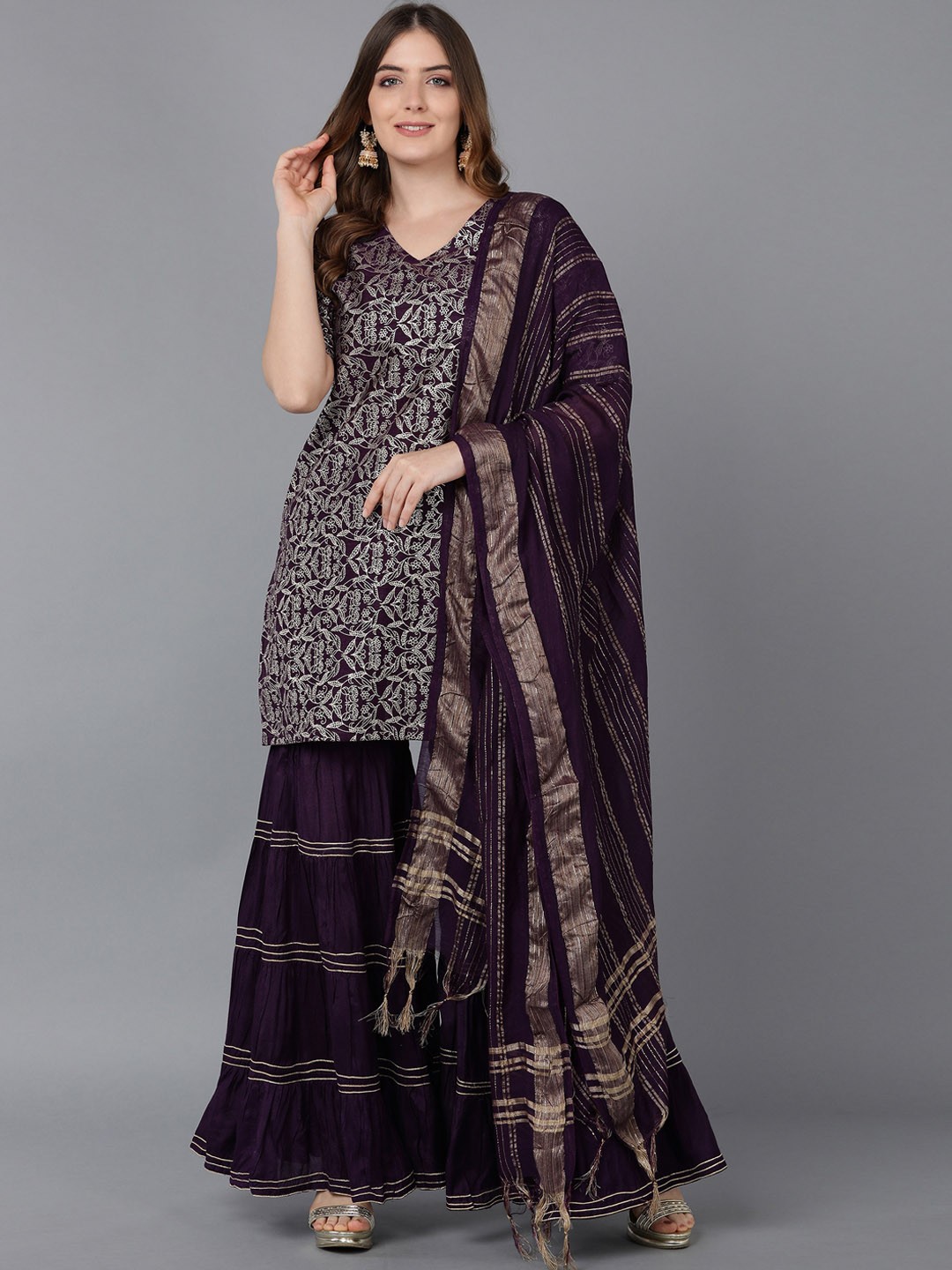 

Bani Women Burgundy Ethnic Motifs Printed Chanderi Cotton Kurta Set With Dupatta