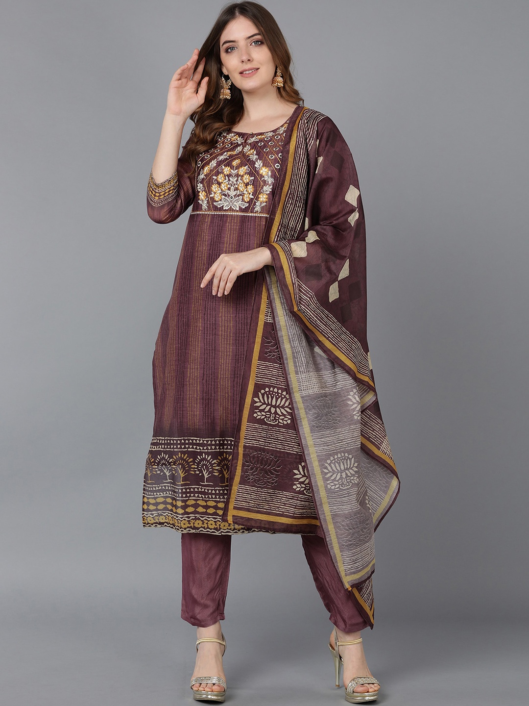 

Bani Women Brown Ethnic Motifs Chanderi Cotton Kurta with Trousers & With Dupatta