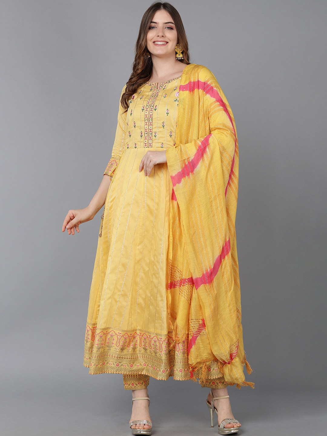 

Bani Women Yellow Ethnic Motifs Yoke Design Chanderi Cotton Kurta with Trousers & With Dupatta