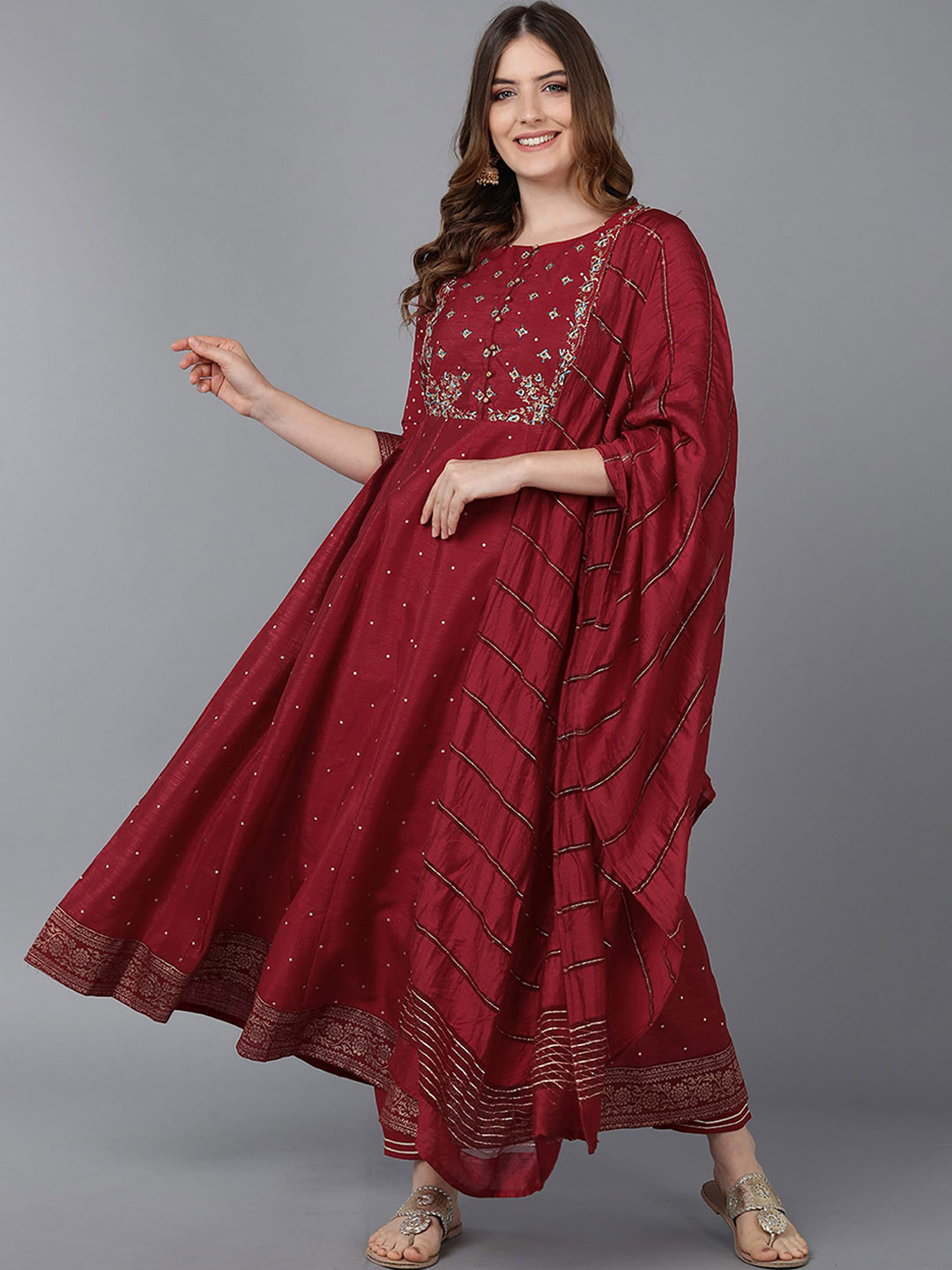 

Bani Women Red Ethnic Motifs Yoke Design Chanderi Cotton Kurta with Trousers & With Dupatta