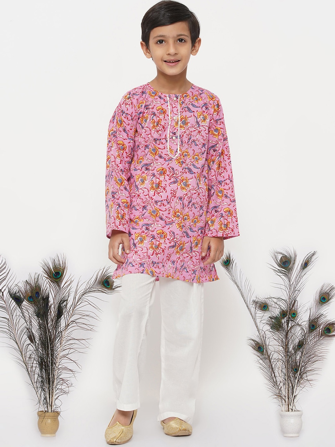 

Little Bansi Boys Pink Floral Printed Pure Cotton Kurta with Trouser