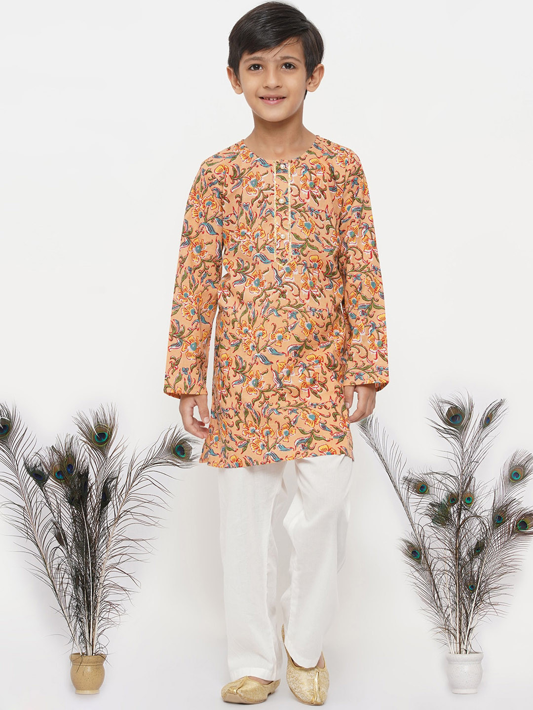 

Little Bansi Boys Orange Printed Pure Cotton Kurta with Trouser