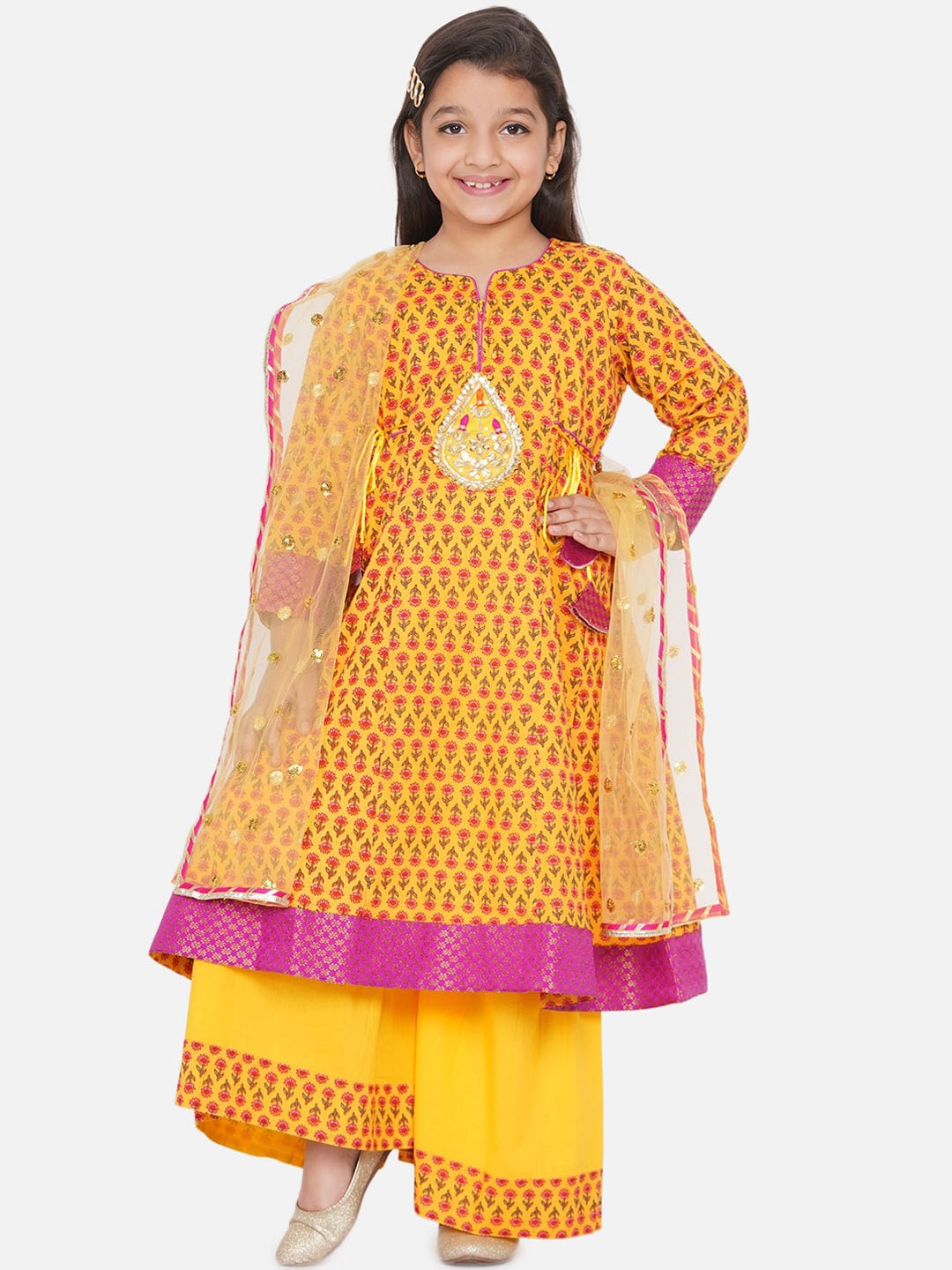 

Little Bansi Girls Yellow Floral Printed Thread Work Pure Cotton Kurta & Sharara & Dupatta