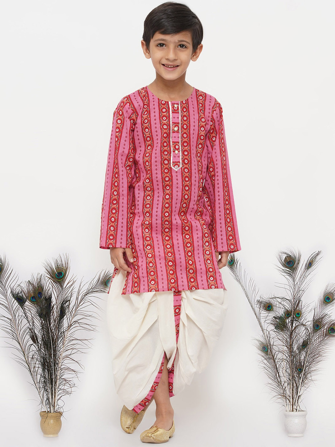 

Little Bansi Boys Pink Printed Pure Cotton Kurta with Dhoti Pant