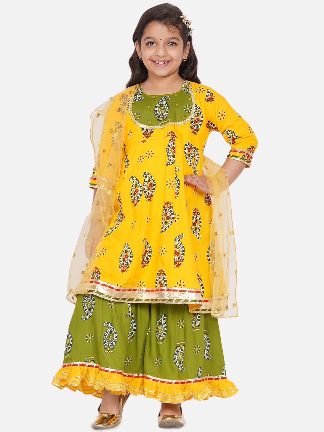 

Little Bansi Girls Yellow Paisley Printed Pure Cotton Kurta with Sharara & With Dupatta