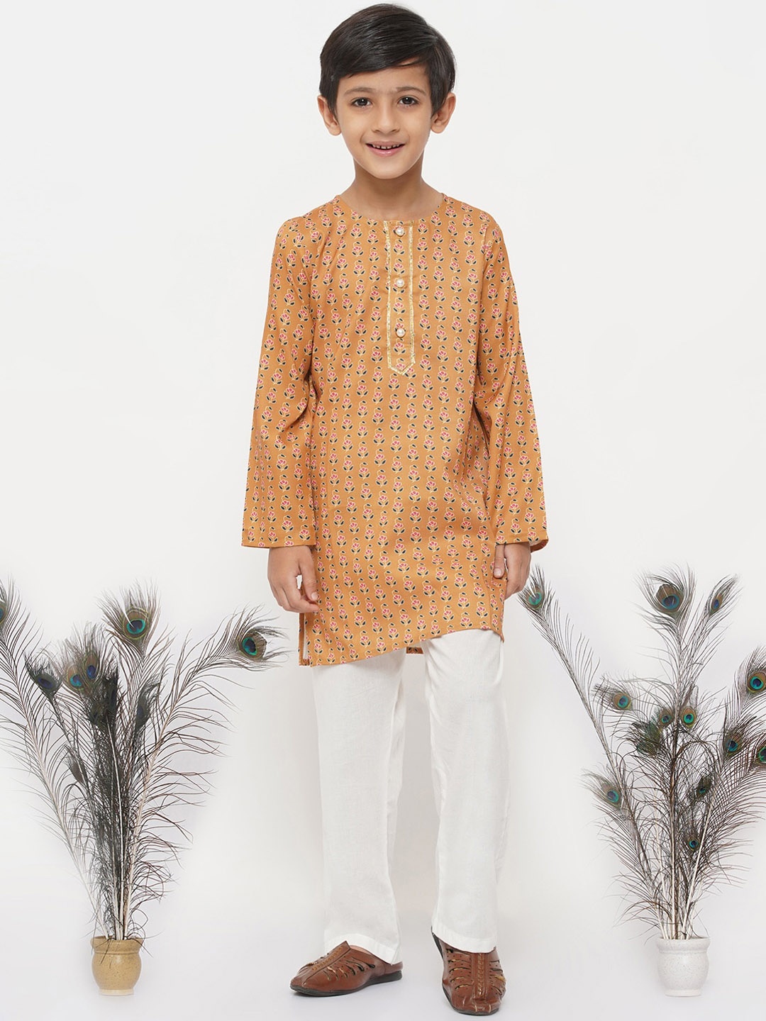 

Little Bansi Boys Orange Floral Printed Pure Cotton Kurta with Trouser