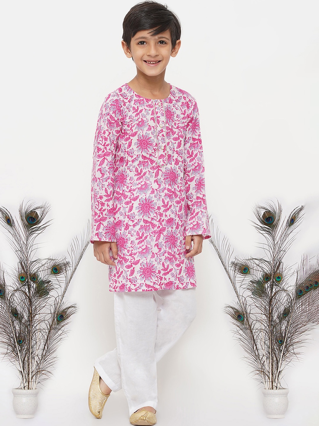 

Little Bansi Boys Pink Floral Pure Cotton Kurta with Pyjamas