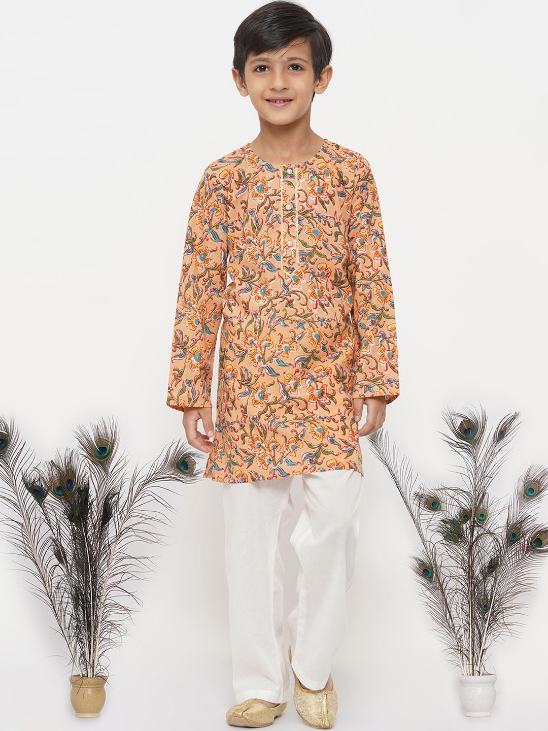 

Little Bansi Boys Orange Floral Printed Pure Cotton Kurta with Trouser