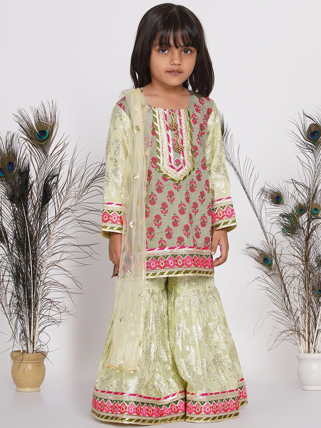 

Little Bansi Girls Green Floral Pure Cotton Kurta with Sharara & With Dupatta