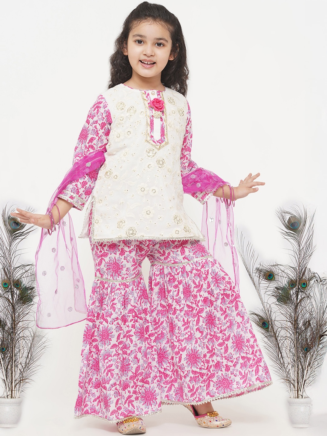 

Little Bansi Girls White Floral Embroidered Pure Cotton Kurta with Sharara & With Dupatta