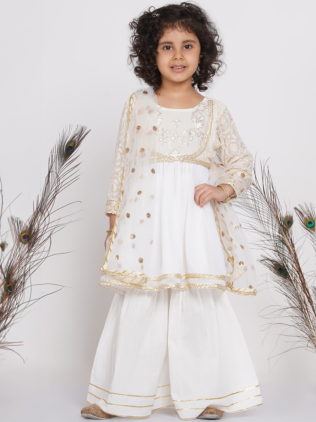 

Little Bansi Girls White Floral Embroidered Pure Cotton Kurta with Sharara & With Dupatta