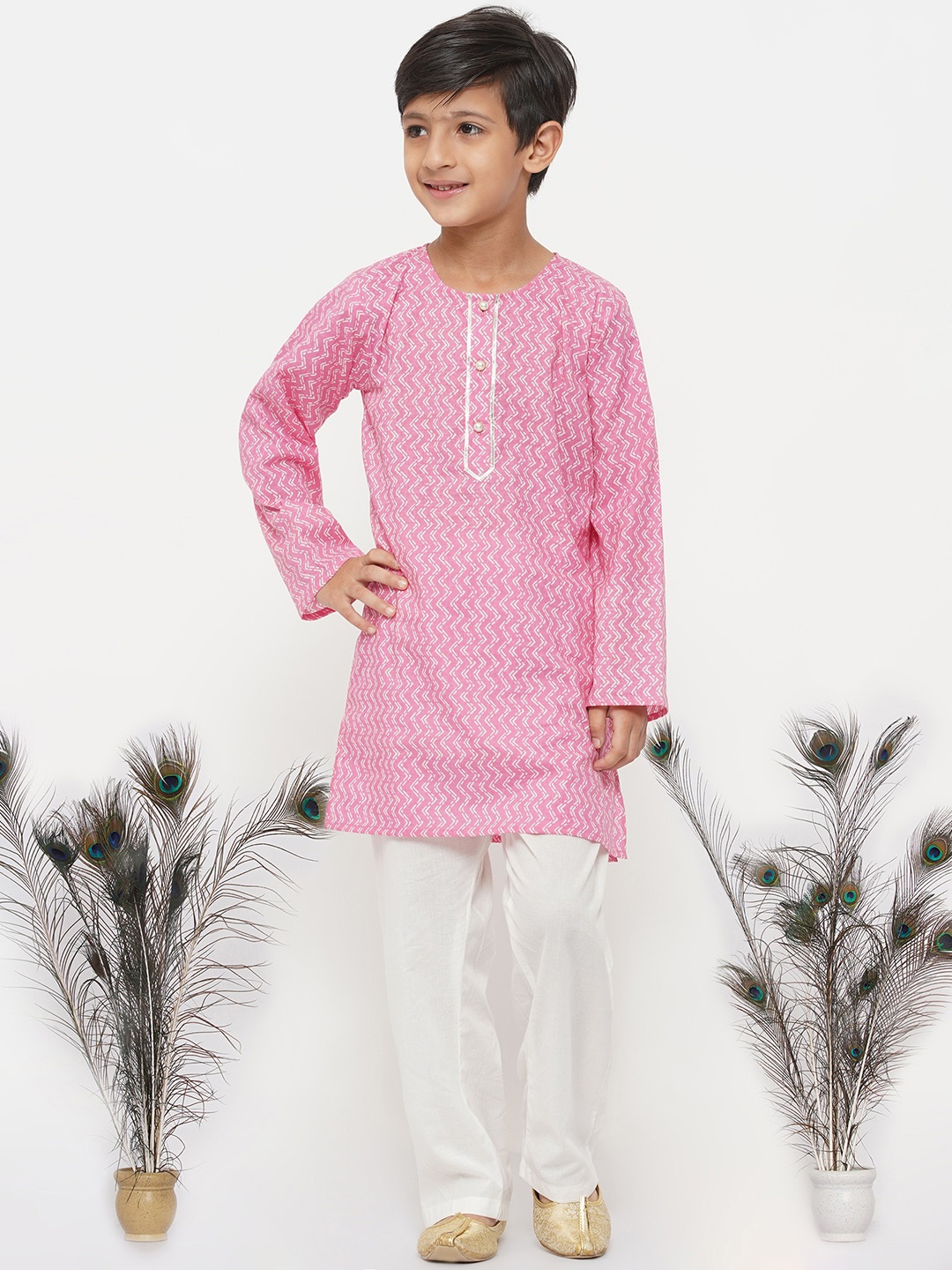 

Little Bansi Boys Pink Ethnic Motifs Pure Cotton Kurta with Pyjamas