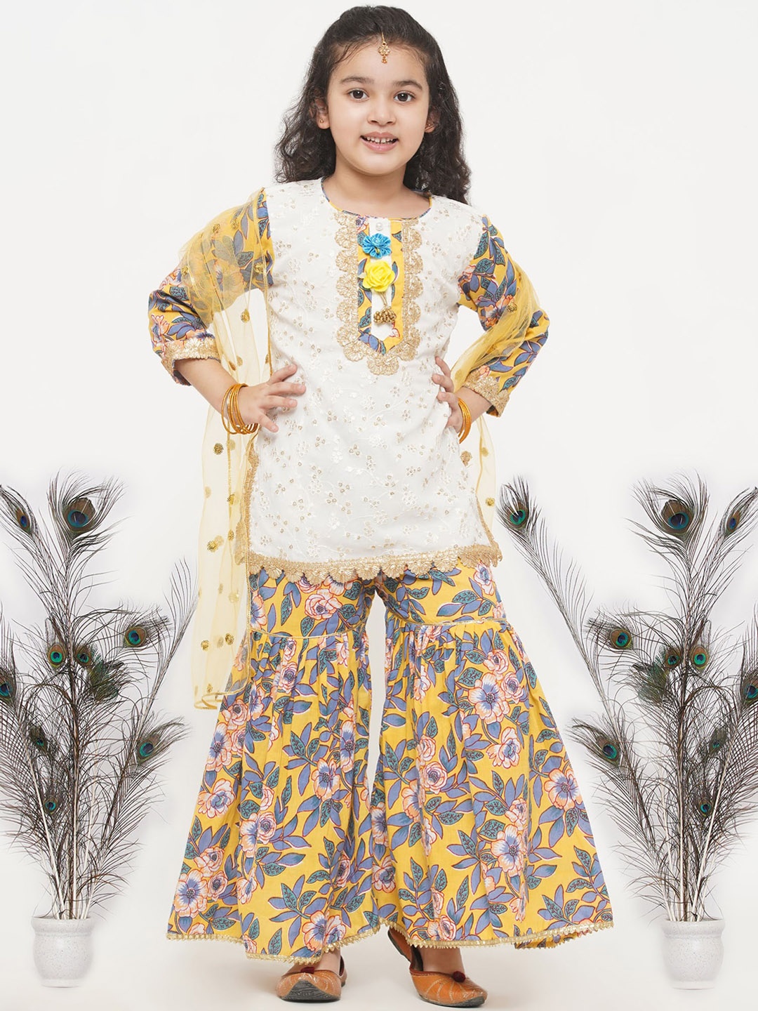 

Little Bansi Girls White Floral Embroidered Pure Cotton Kurta with Sharara & With Dupatta