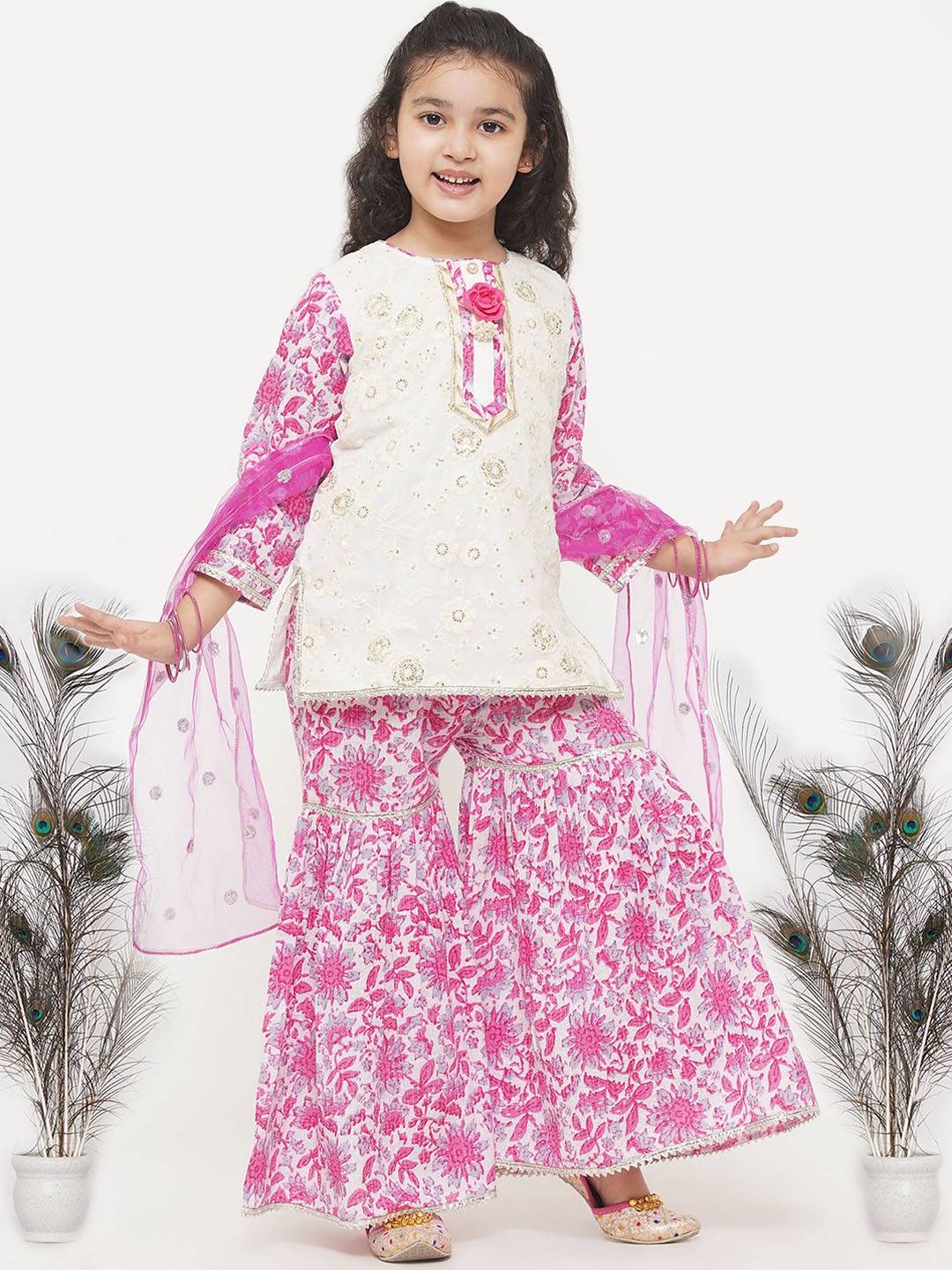 

Little Bansi Girls White Floral Embroidered Pure Cotton Kurta with Sharara & With Dupatta