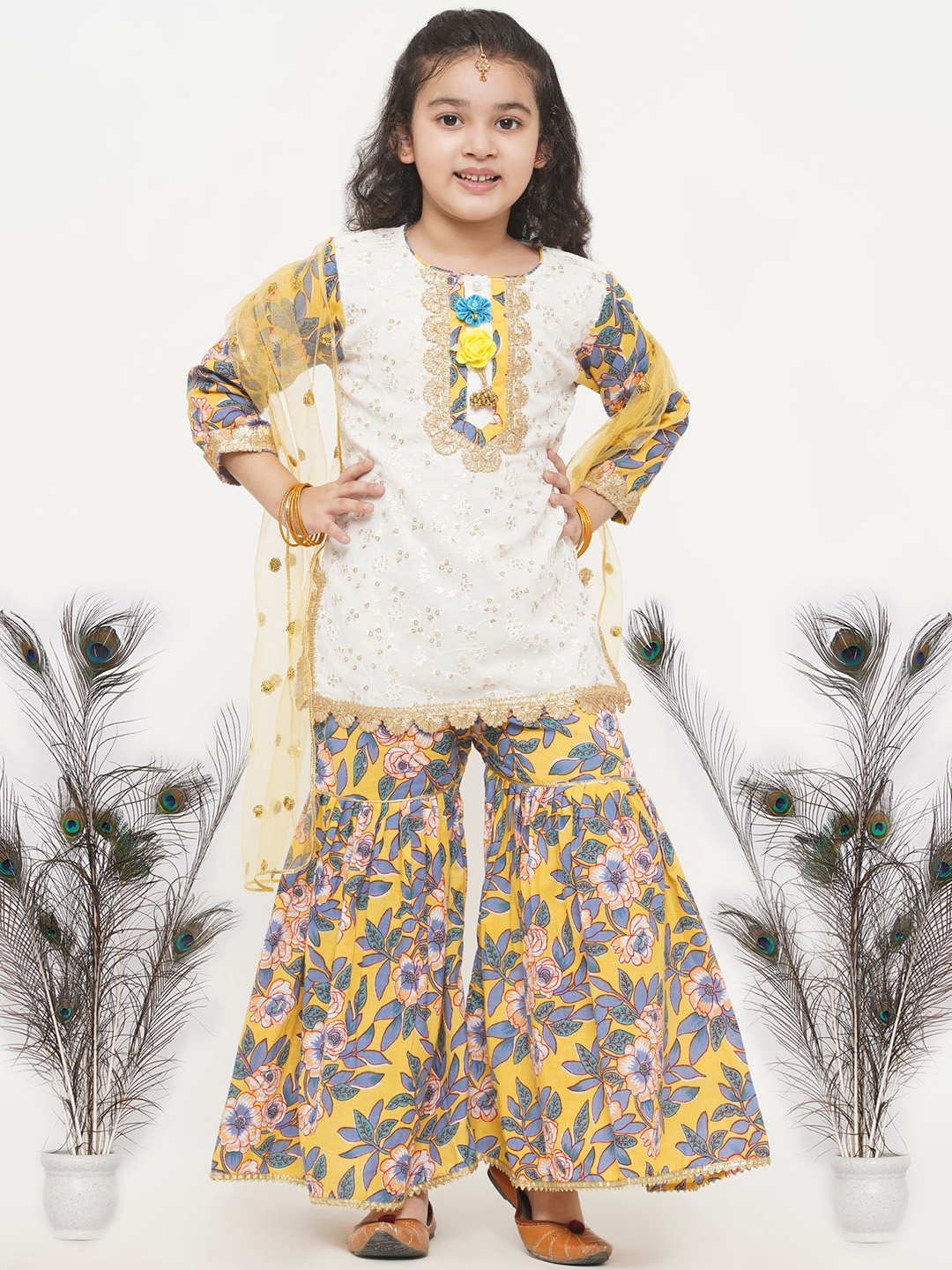 

Little Bansi Girls White Floral Embroidered Pure Cotton Kurta with Sharara & With Dupatta