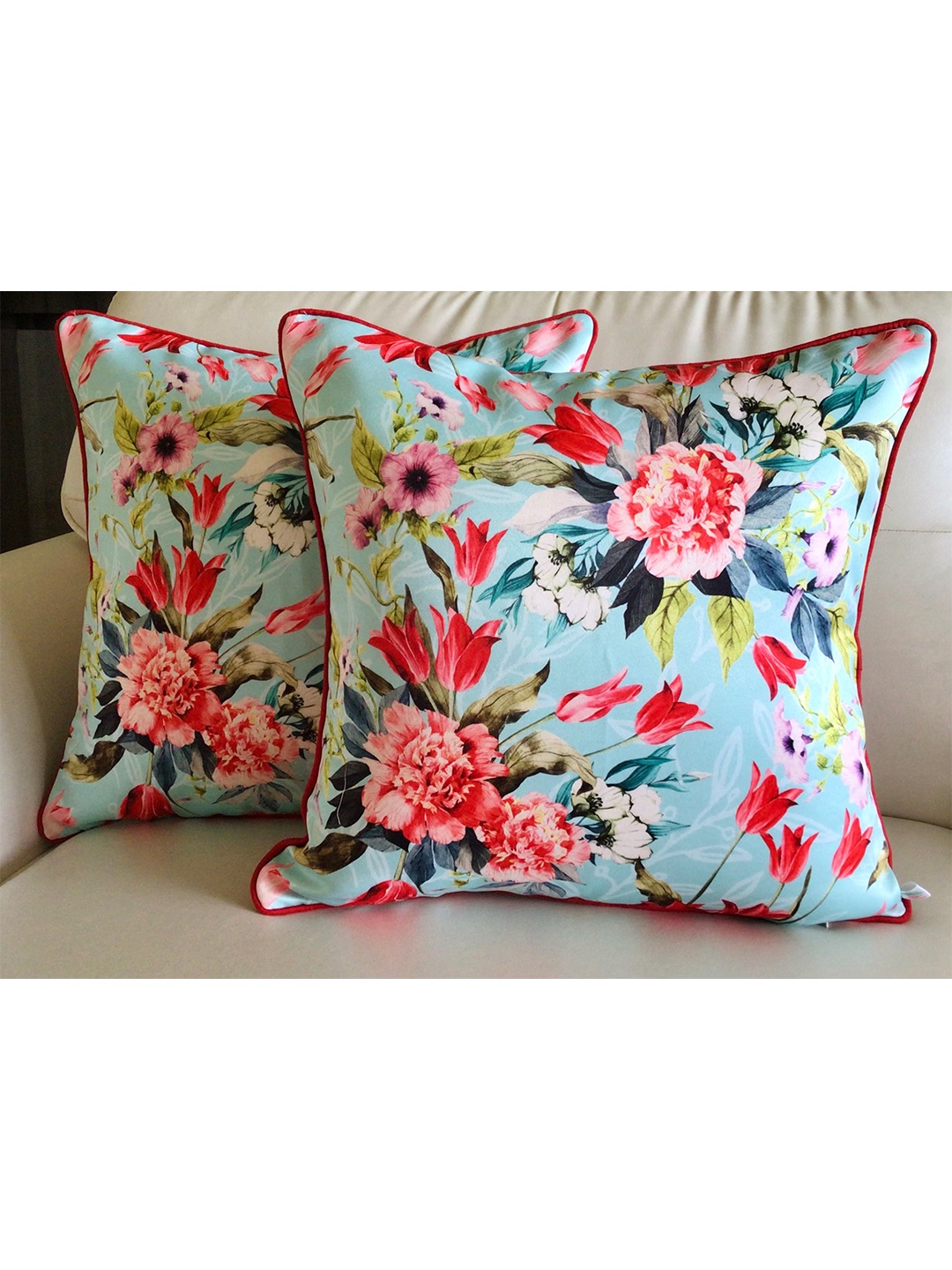 

TARA- Sparkling Homes Turquoise Blue & Pink Set of 2 Floral Square Cushion Covers