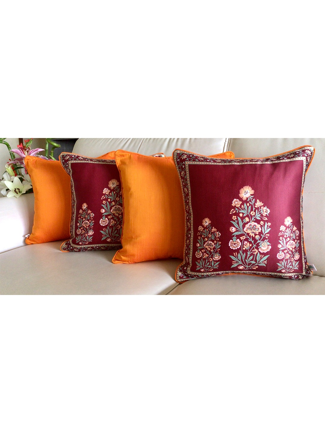 

TARA- Sparkling Homes Blue & Maroon Set of 4 Floral Square Cushion Covers