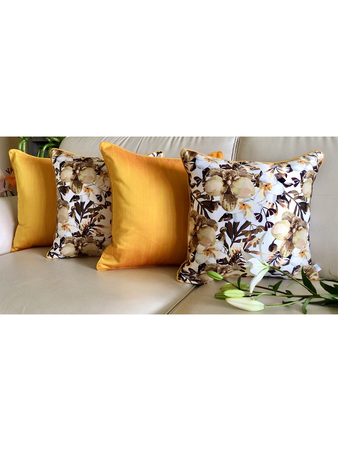 

TARA- Sparkling Homes Yellow & Brown Set of 4 Floral Square Cushion Covers