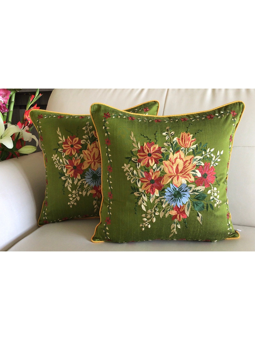 

TARA- Sparkling Homes Set of 2 Embroidered Square Cushion Covers, Green
