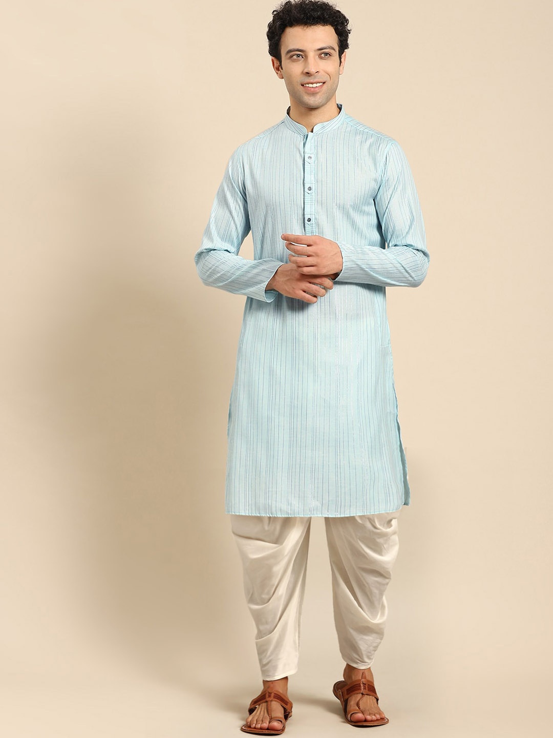 

Amodh by Kisah Men Blue Striped Kurta with Dhoti Pant