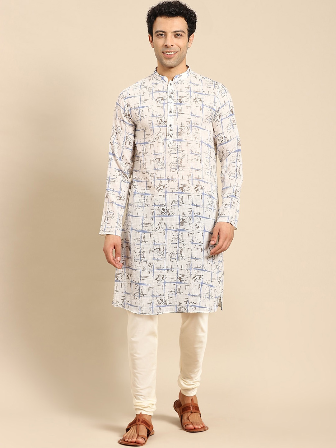 

Amodh by Kisah Men White Printed Kurta Set with Churidar