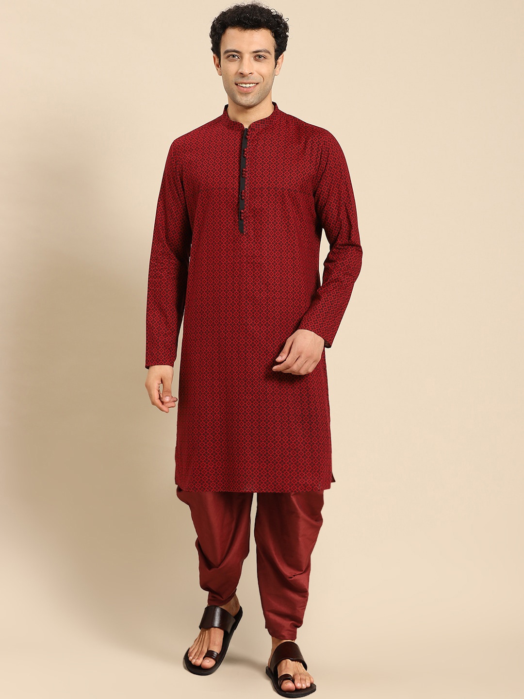 

Amodh by Kisah Men Maroon Printed Kurta Set with Dhoti Pants