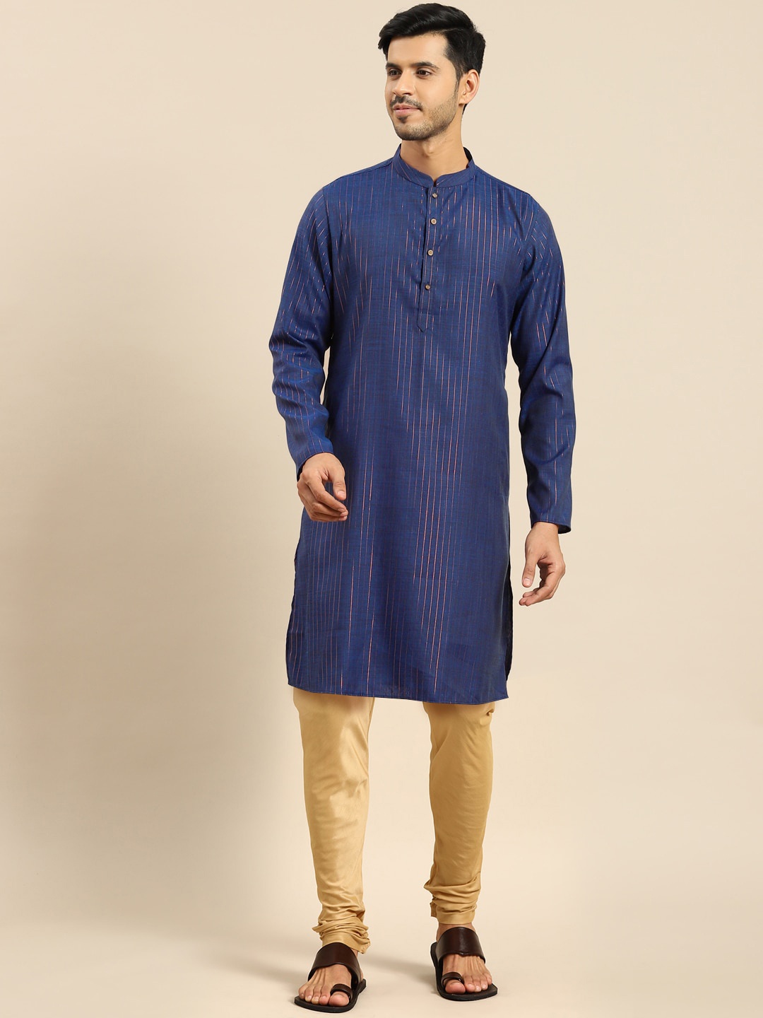 

Amodh by Kisah Men Navy Blue Striped Kurta with Churidar