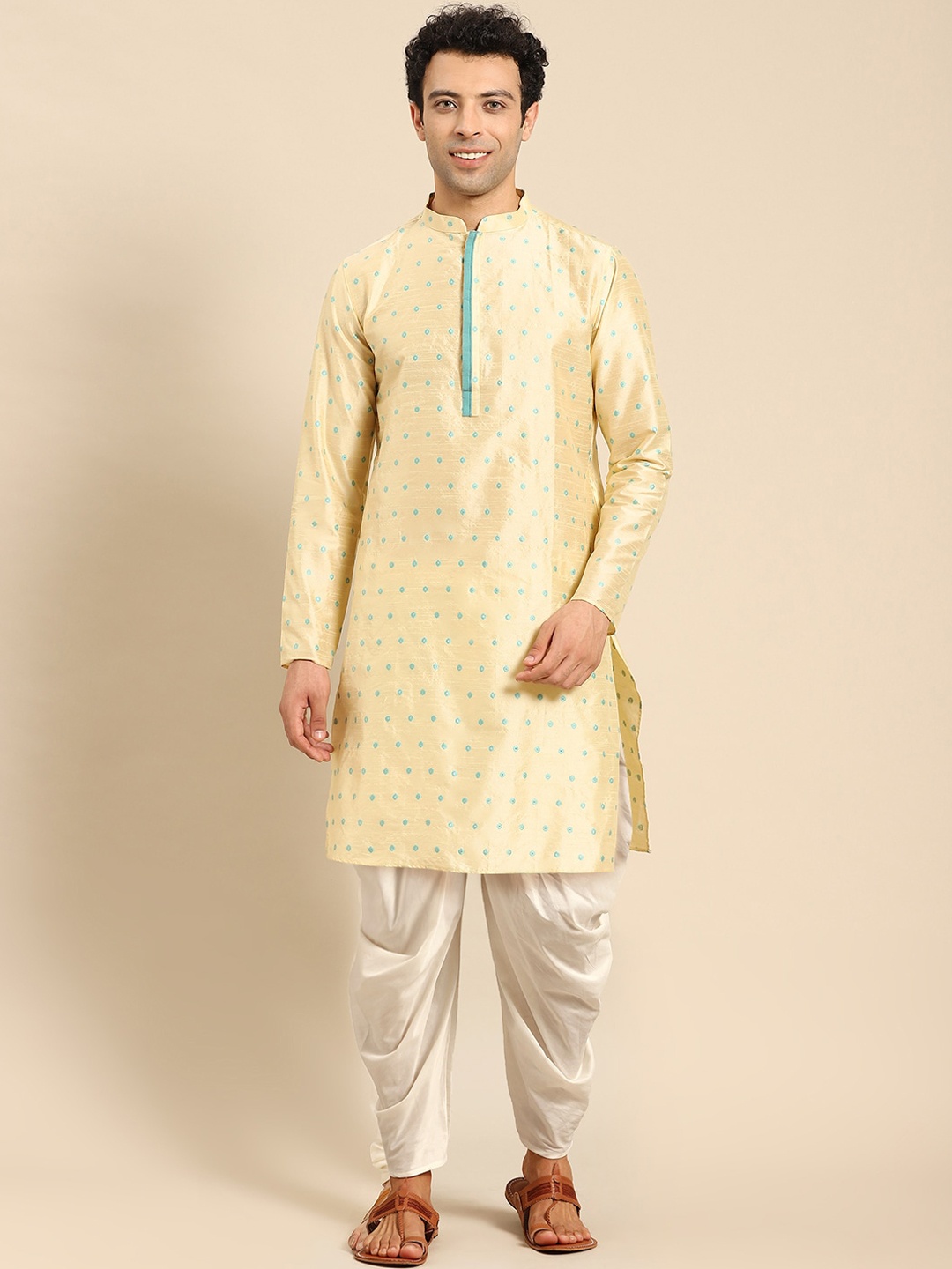 

Amodh by Kisah Men Beige Printed Kurta with Dhoti Pants