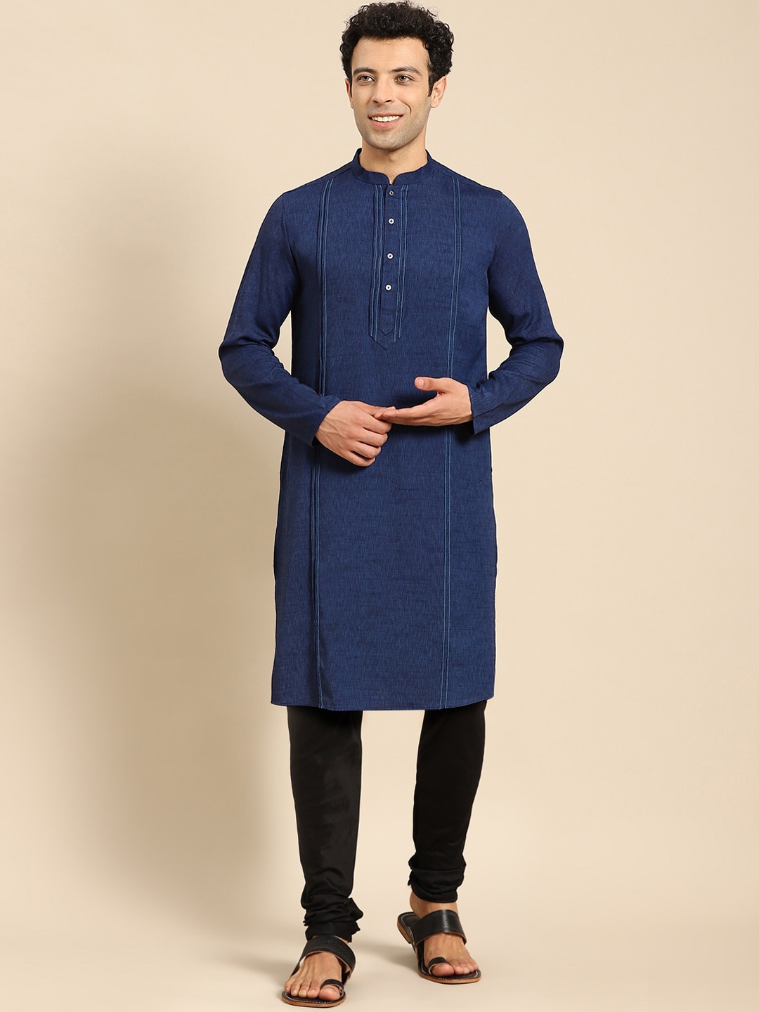 

Amodh by Kisah Men Navy Blue Striped Panelled Kurta with Churidar