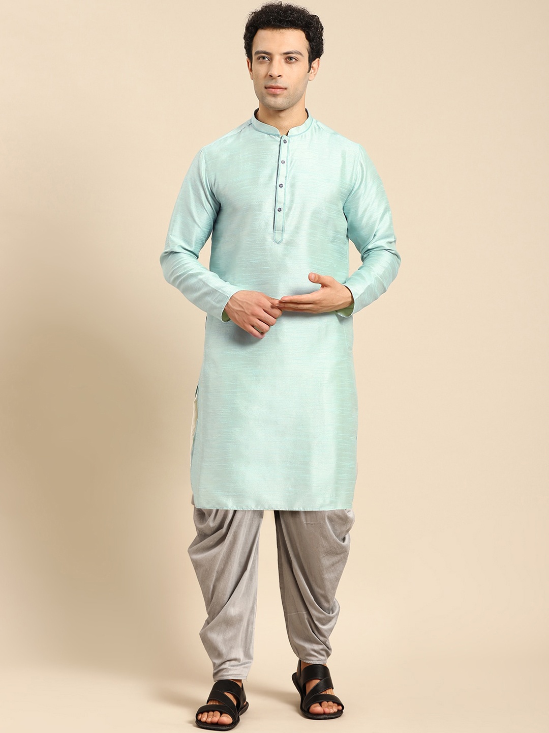 

Amodh by Kisah Men Sea Green Kurta with Dhoti Pants