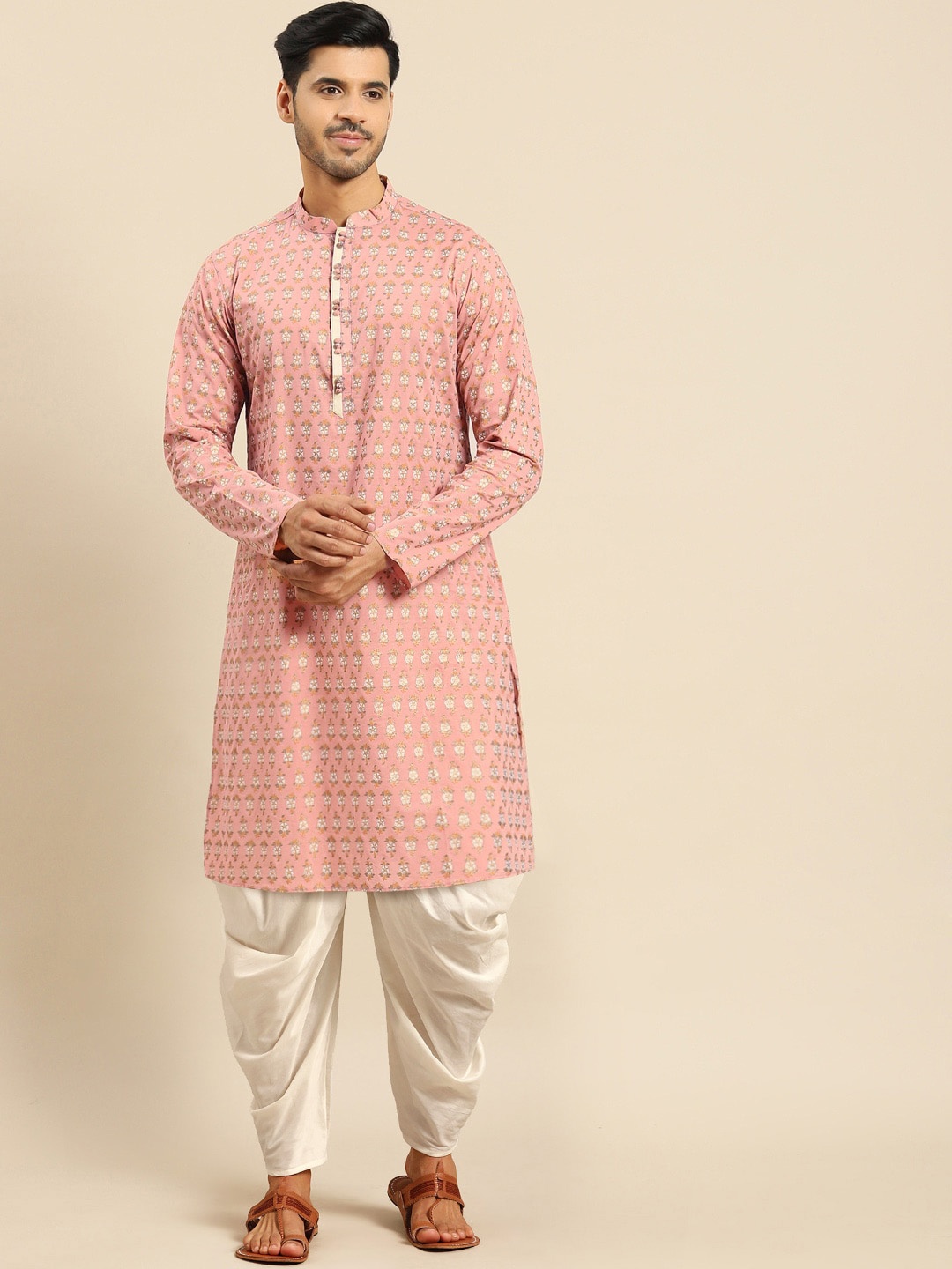 

Amodh by Kisah Men Pink Floral Printed Kurta with Dhoti Pants