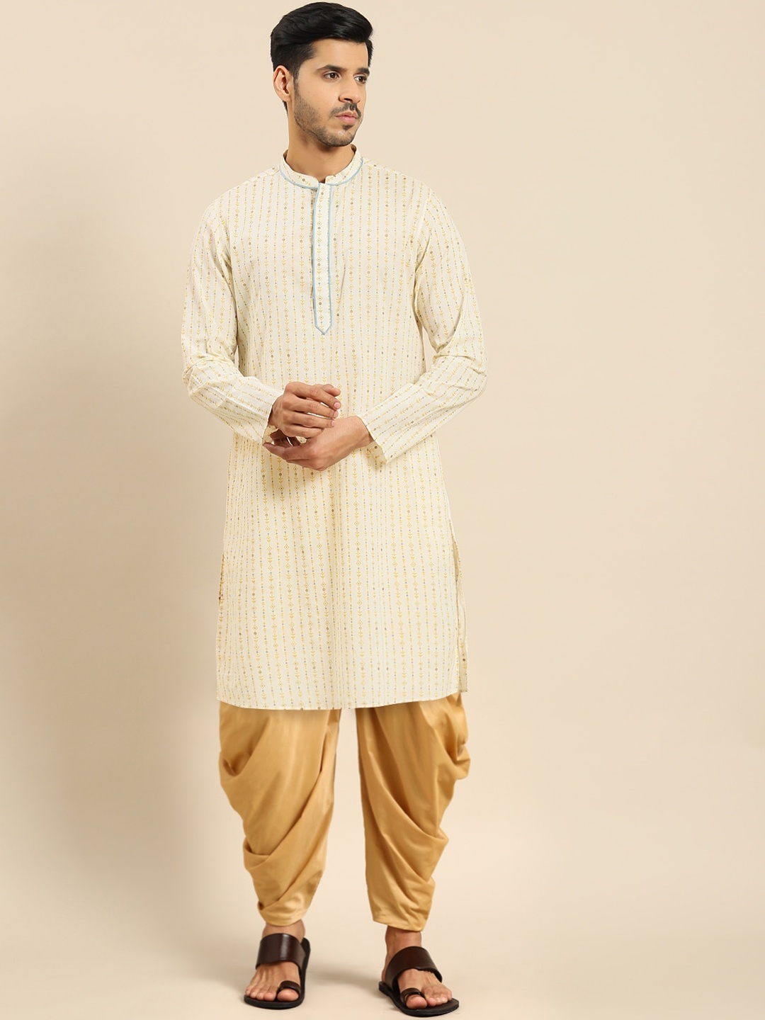 

Amodh by Kisah Men White Ethnic Motifs Striped Kurta with Dhoti Pants