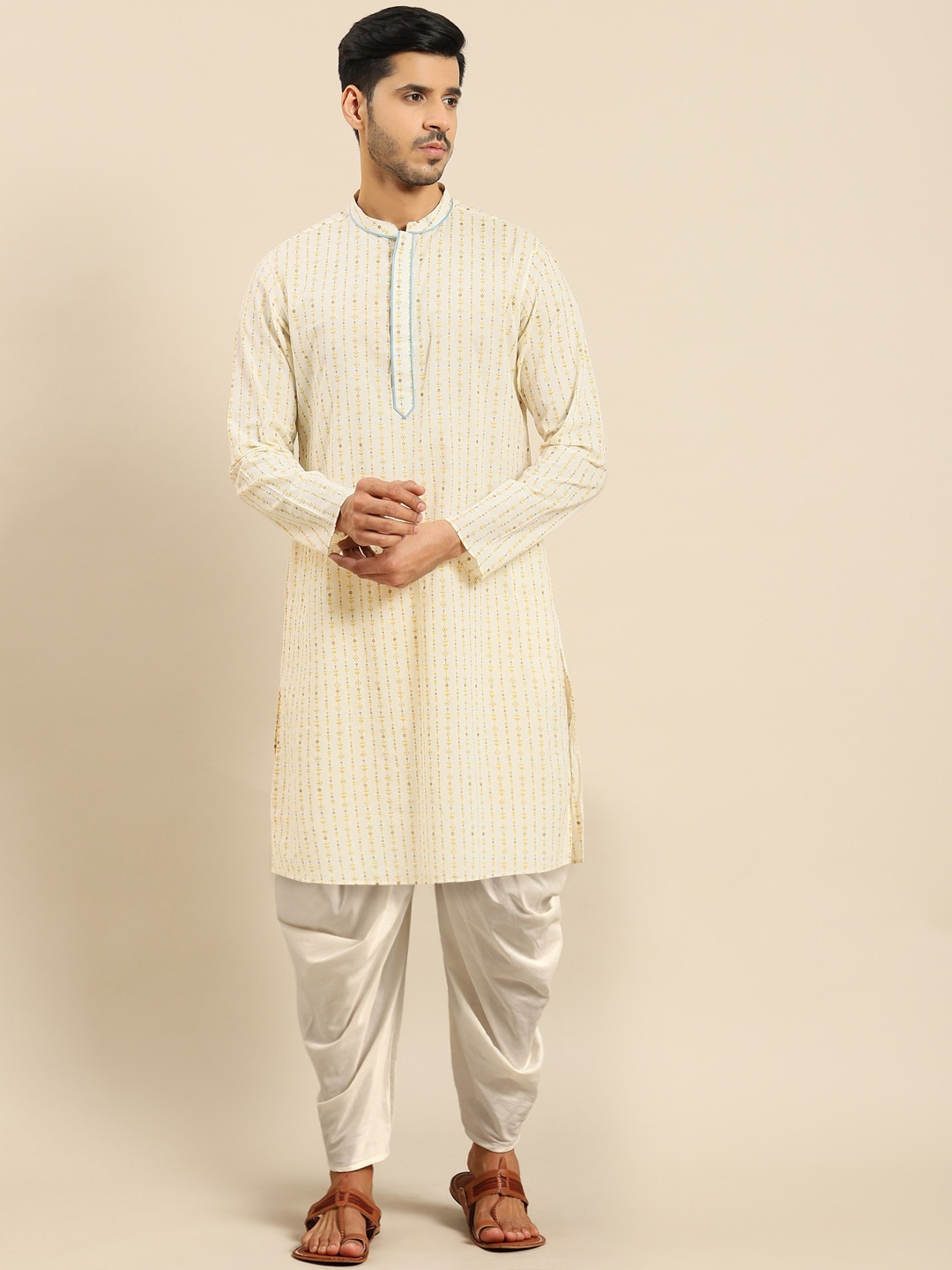 

Amodh by Kisah Men Cream-Coloured Ethnic Motifs Striped Kurta with Dhoti Pants