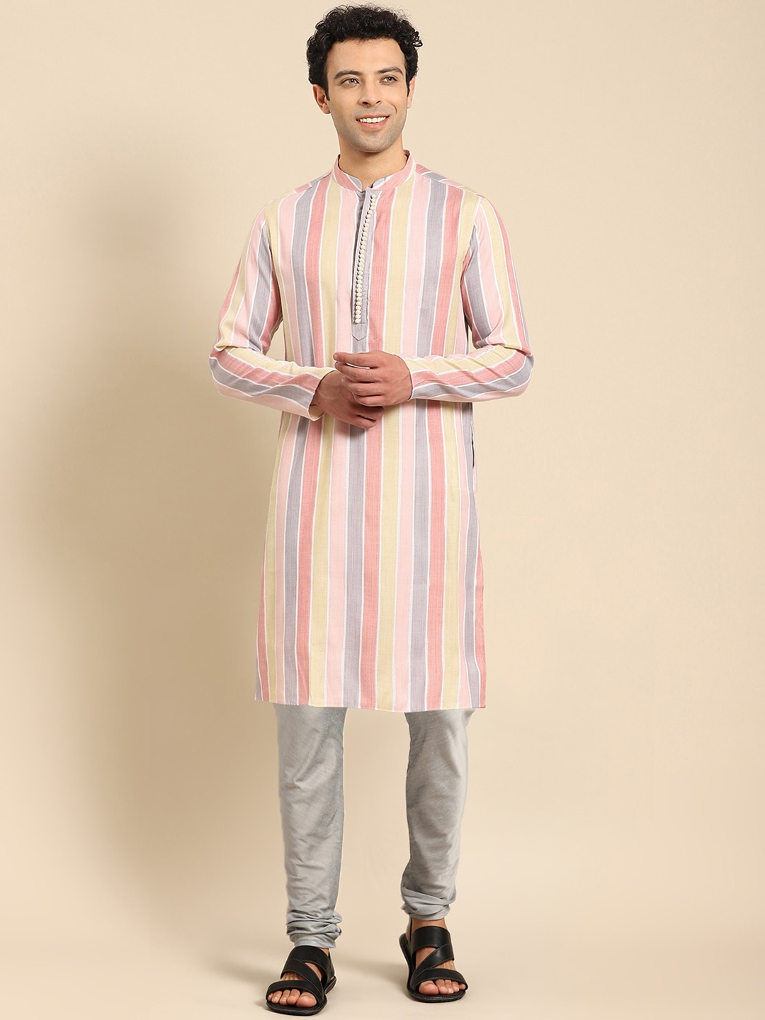 

Amodh by Kisah Men Pink Striped Kurta with Churidar