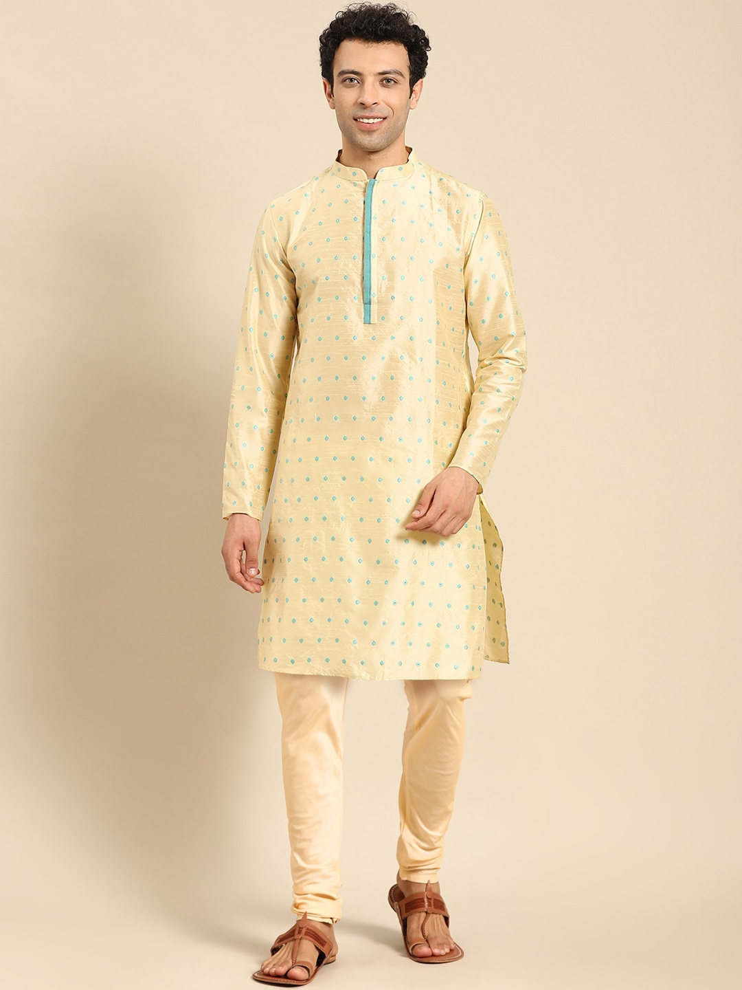 

Amodh by Kisah Men Beige Embroidered Kurta with Churidar