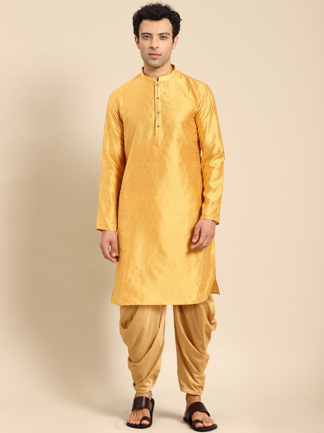 

Amodh by Kisah Men Mustard Yellow Kurta with Dhoti Pants