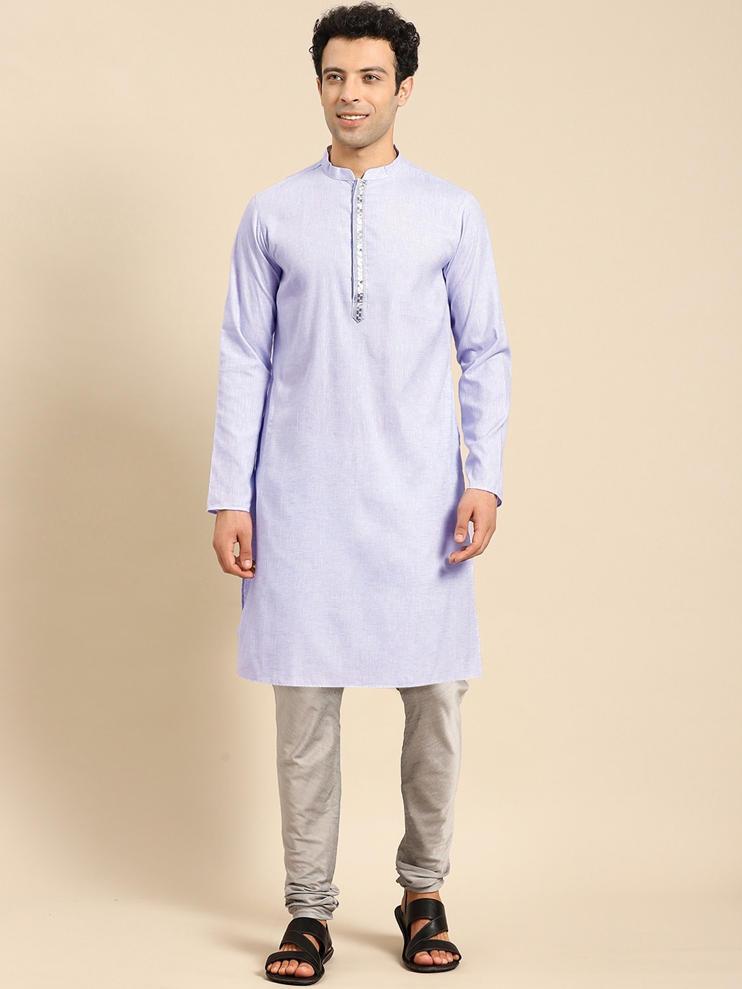 

Amodh by Kisah Men Lavender Striped Gotta Patti Kurta with Churidar
