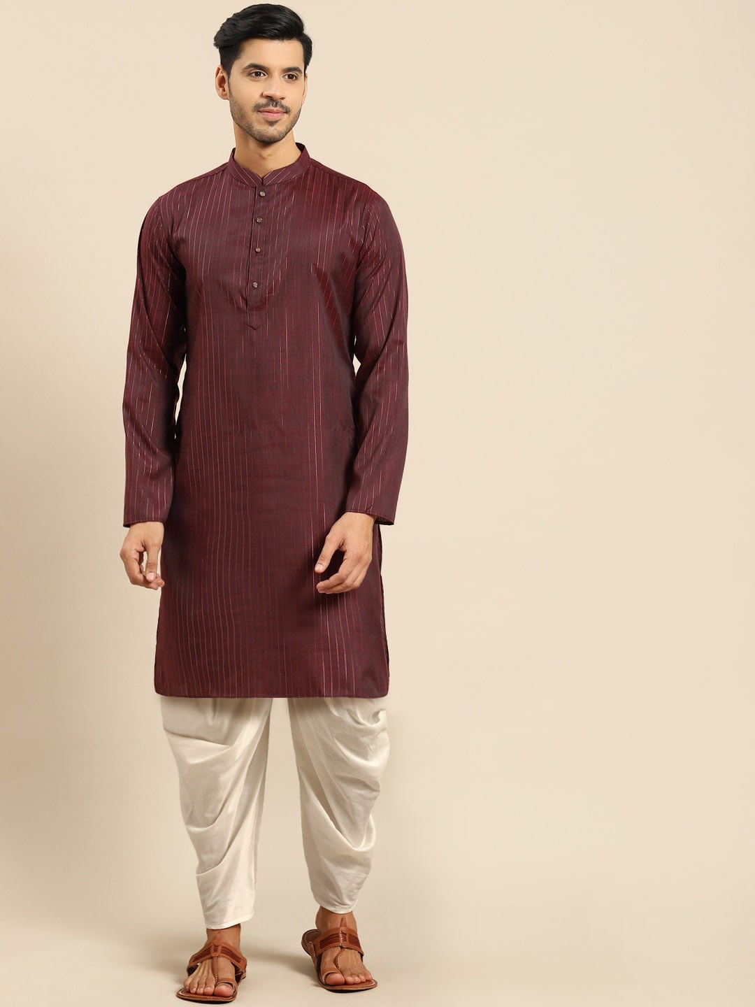 

Amodh by Kisah Men Maroon Striped Kurta with Dhoti Pants