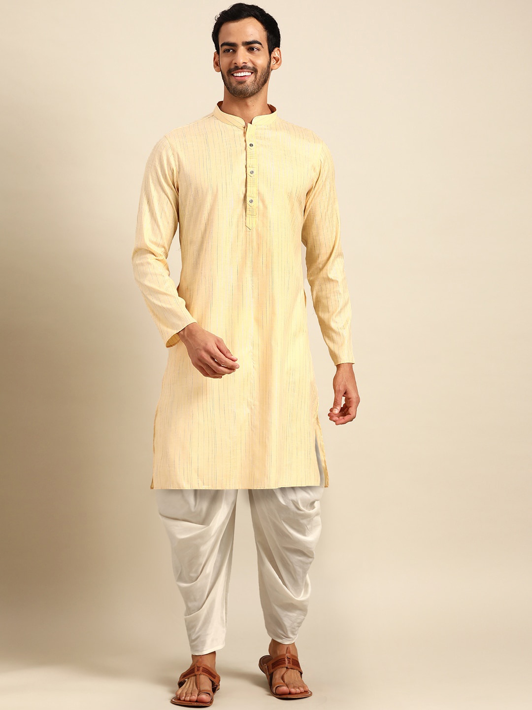 

Amodh by Kisah Men Yellow Striped Kurta with Dhoti Pants