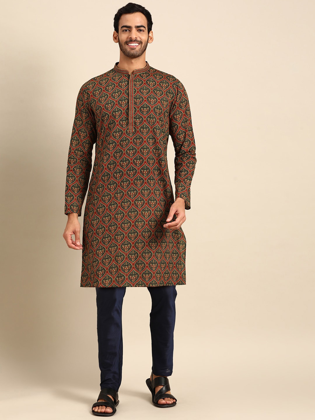 

Amodh by Kisah Men Red Ethnic Motifs Printed Kurta with Churidar